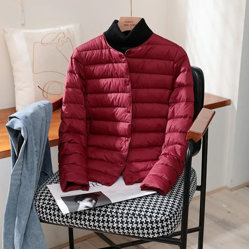 Lightweight quilted jacket in burgundy with ribbed stand collar and snap front