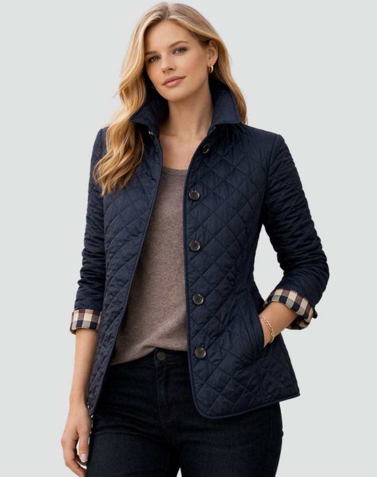 Women's quilted jacket, navy blue button-front with stand collar and long sleeves