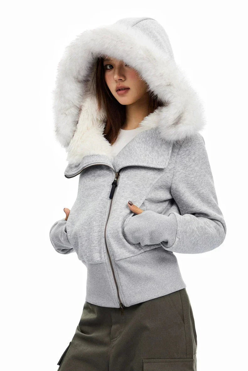 Light grey zip-up hoodie with white faux fur hood trim and front zipper
