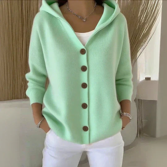 Soft hooded knit cardigan in mint green with button front and ribbed cuffs