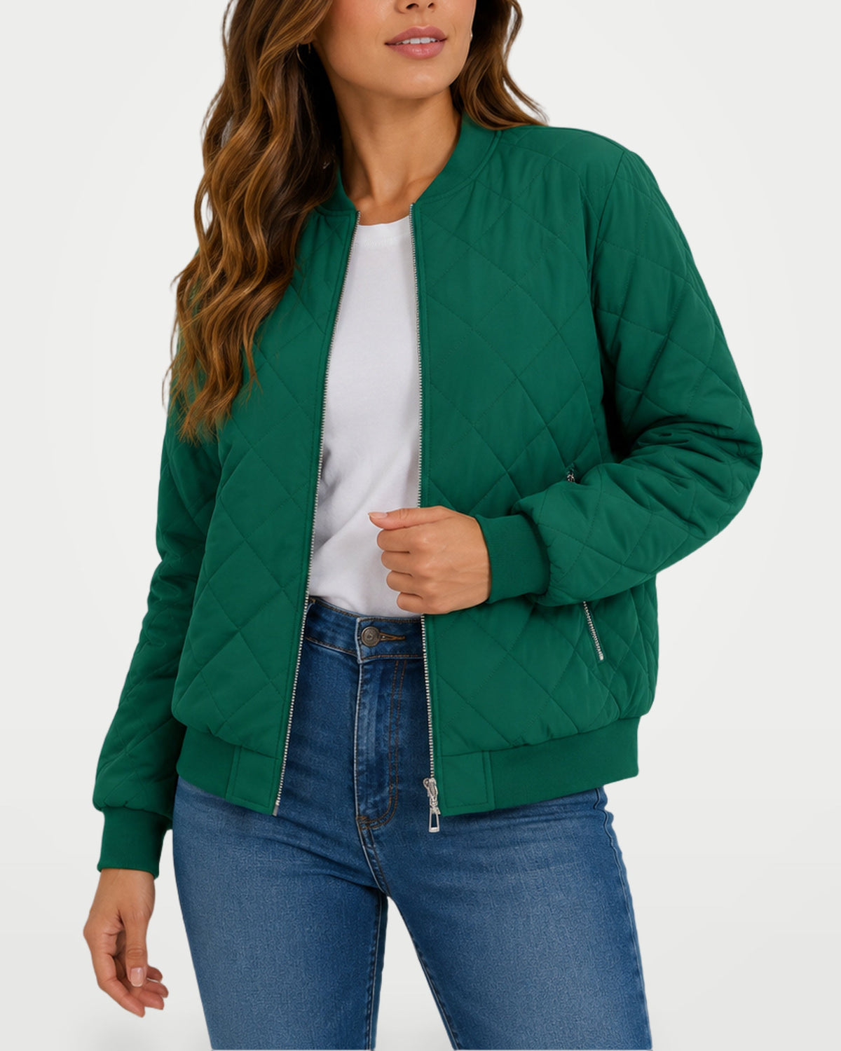 Women’s quilted bomber jacket in dark green, front zipper, ribbed cuffs and hem.