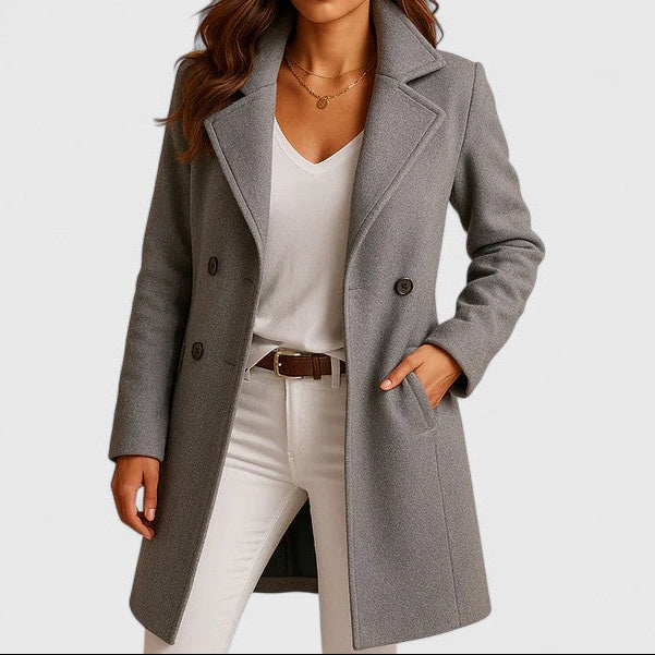 Gray long coat with notched lapels and button front, tailored fit.