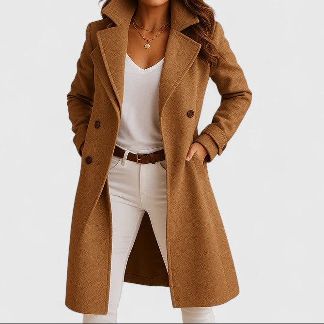 Camel long coat with notched lapels and button front, tailored fit.
