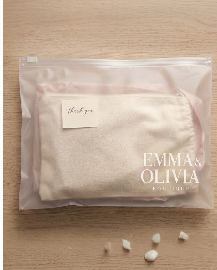 EMMA & OLIVIA boutique thank-you note with tissue in clear poly bag