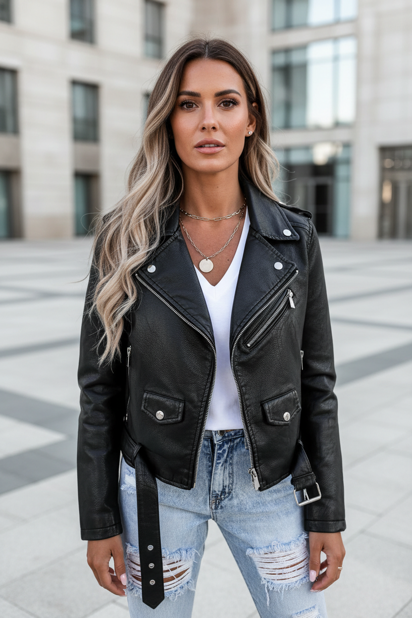 Women’s black leather jacket with stand collar, front zip, and utility pockets