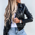 Women’s black leather jacket with stand collar and zip detailing on chest and sleeves