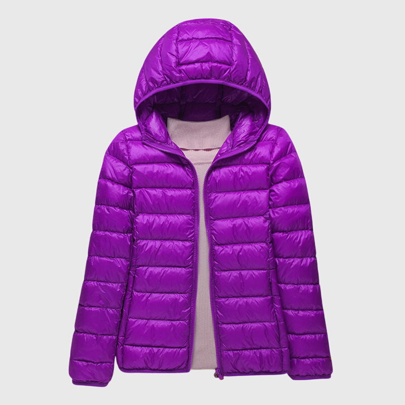 Ultra-light quilted jacket, purple, full-zip hooded puffer with ribbed knit cuffs
