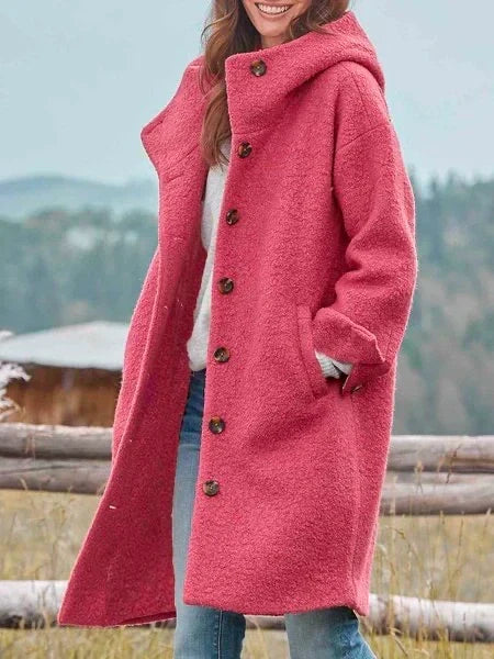 Women’s soft wool coat, rose pink hooded front with button closure and pockets.