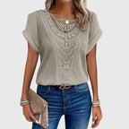 Beige crochet blouse with embroidered yoke and short flutter sleeves