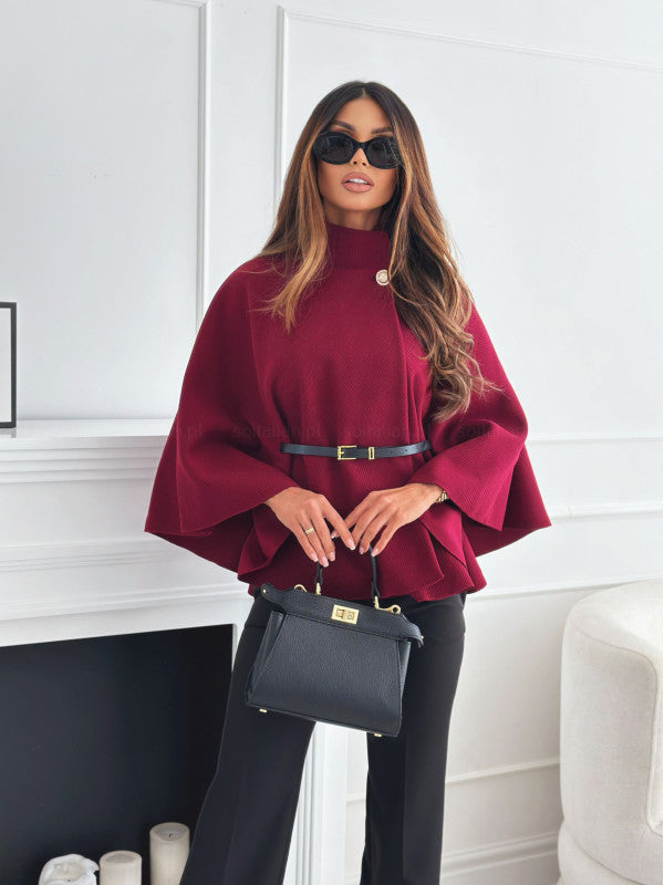 Red sleeve cape coat with button front and waist belt, flowing cape sleeves