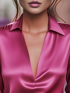 Fuchsia V-neck satin blouse with pointed collar and long sleeves