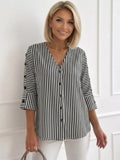Black-and-white striped V-neck blouse with 3/4 sleeves and front buttons