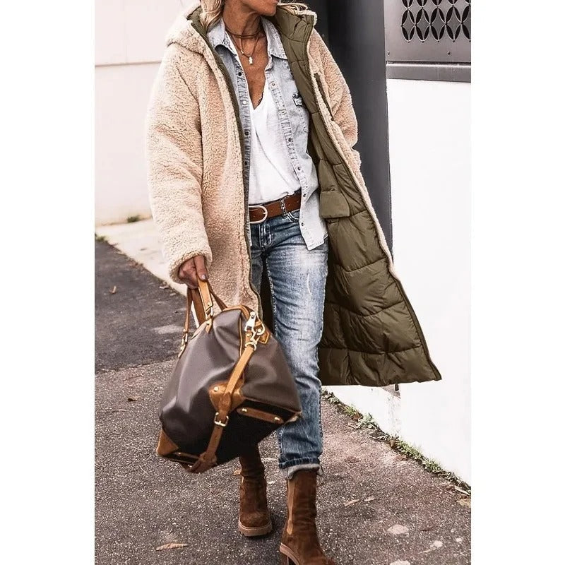 Olive green longline puffer jacket with sherpa-lined hood and long quilted body