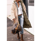 Olive green longline puffer jacket with sherpa-lined hood and long quilted body