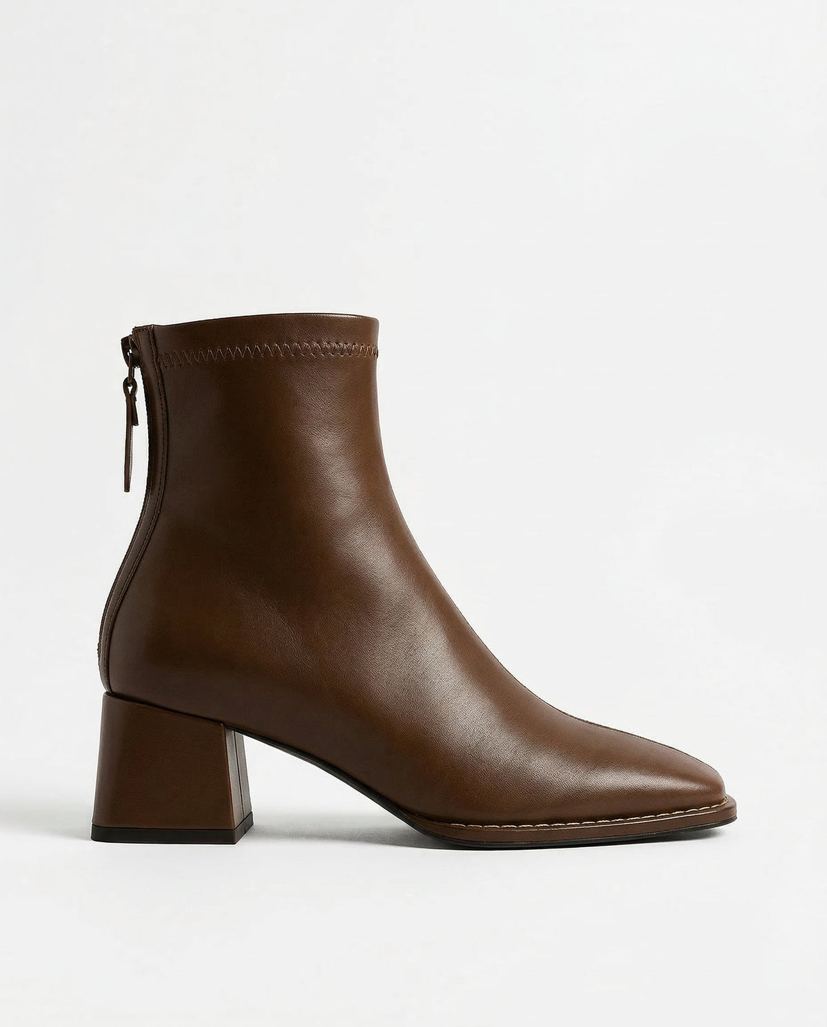 Brown women's square-toe ankle boot with side zip and thick block heel