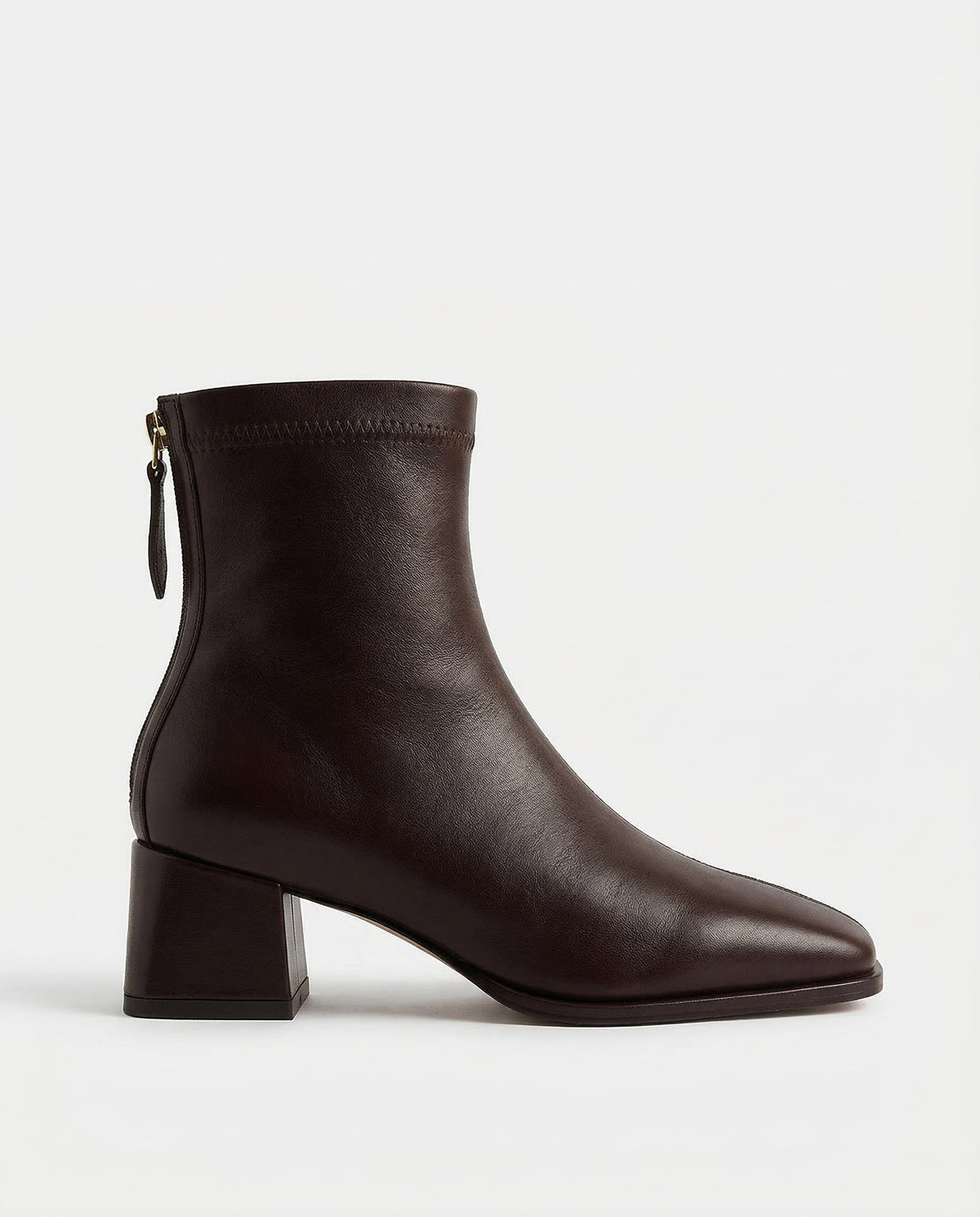 Dark brown women's square-toe ankle boot with side zip and block heel