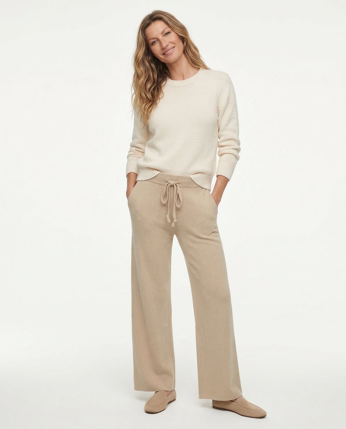 High-waisted wide-leg lounge pants in beige, drawstring waistband and wide relaxed legs