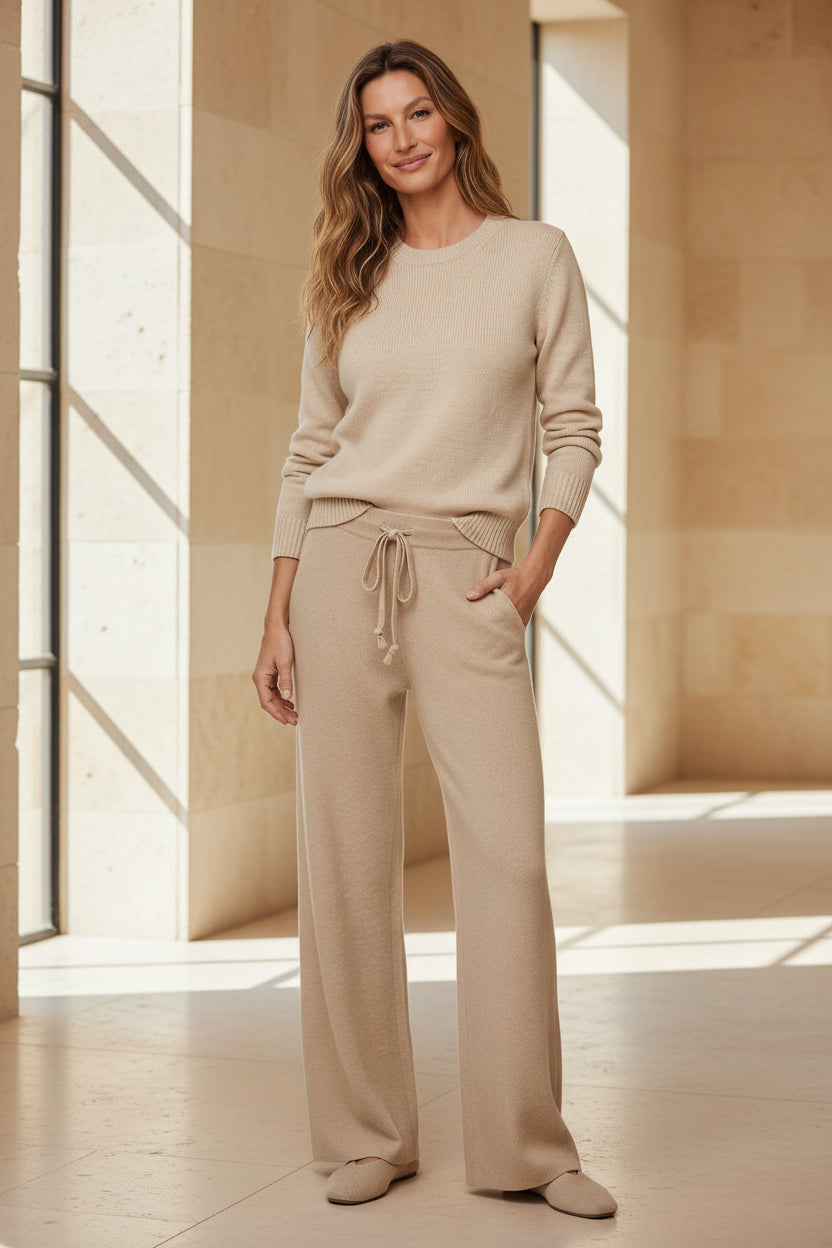 Women’s high-waisted wide-leg lounge pants with drawstring tie, beige/taupe color