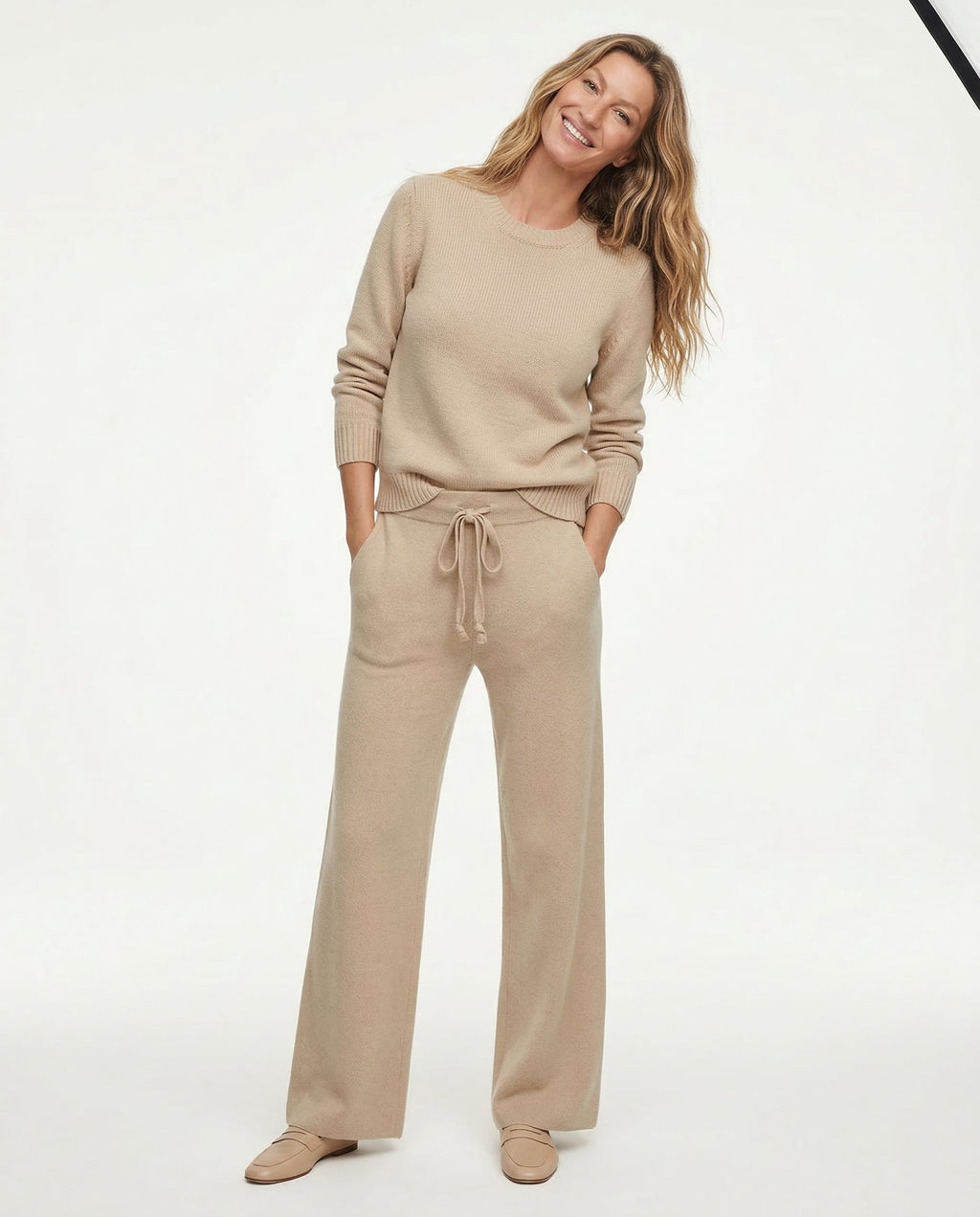 Women’s high-waisted wide-leg lounge pants with drawstring tie, tan/beige color
