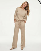 Women’s high-waisted wide-leg lounge pants with drawstring tie, tan/beige color