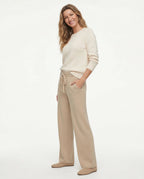 Women’s high-waisted wide-leg lounge pants with drawstring tie, light taupe/beige
