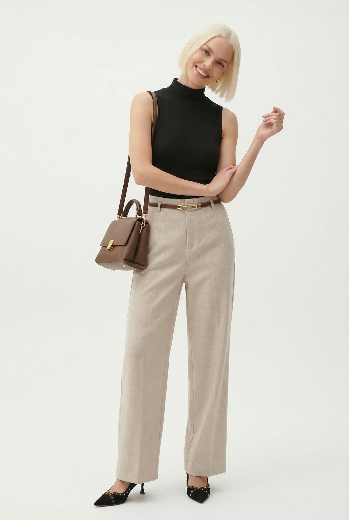 Beige high-waisted wide-leg trousers with belt, full-length view