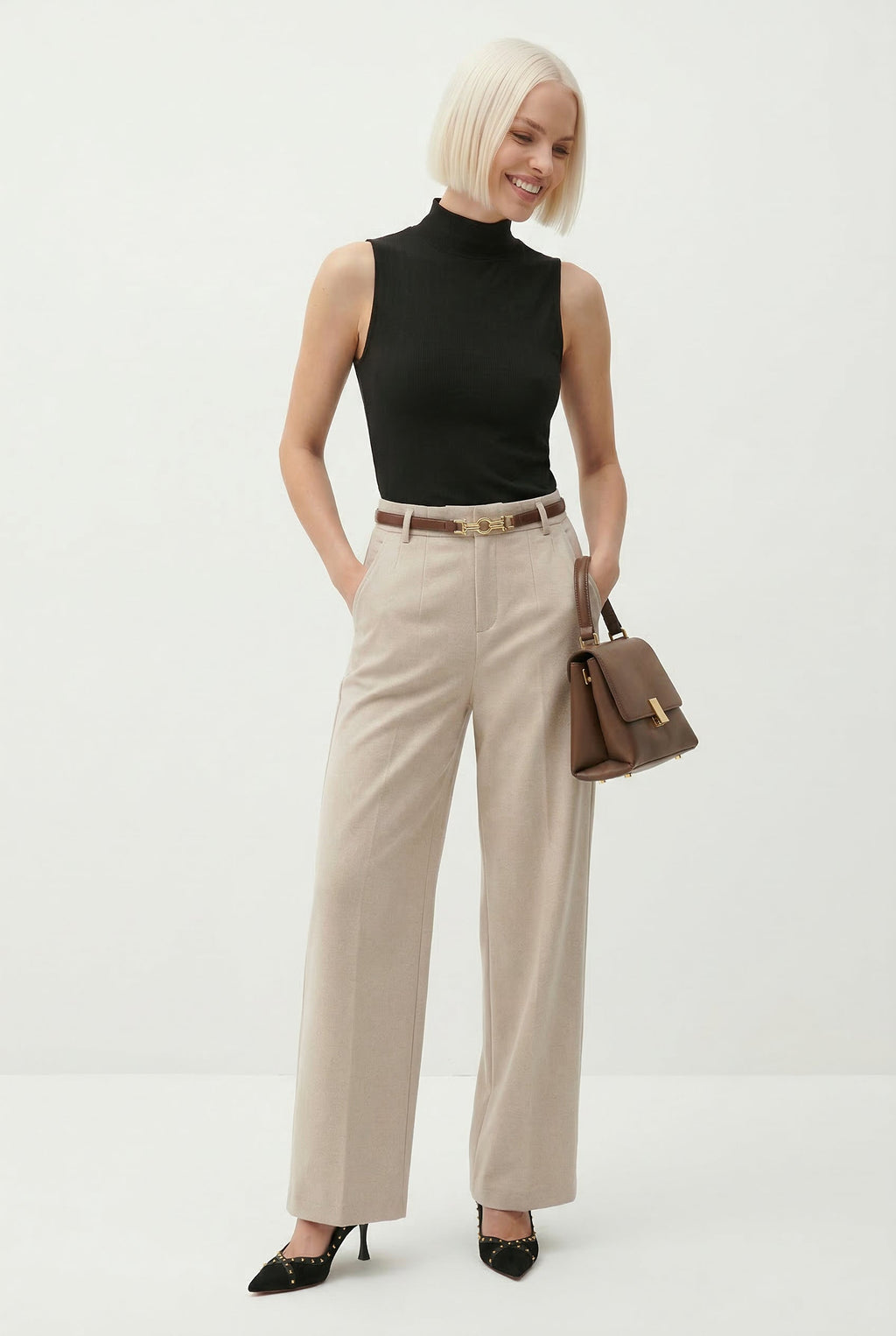 Oat-beige high-waisted wide-leg trousers with belt and long straight silhouette