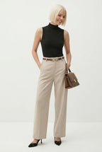 Oat-beige high-waisted wide-leg trousers with belt and long straight silhouette
