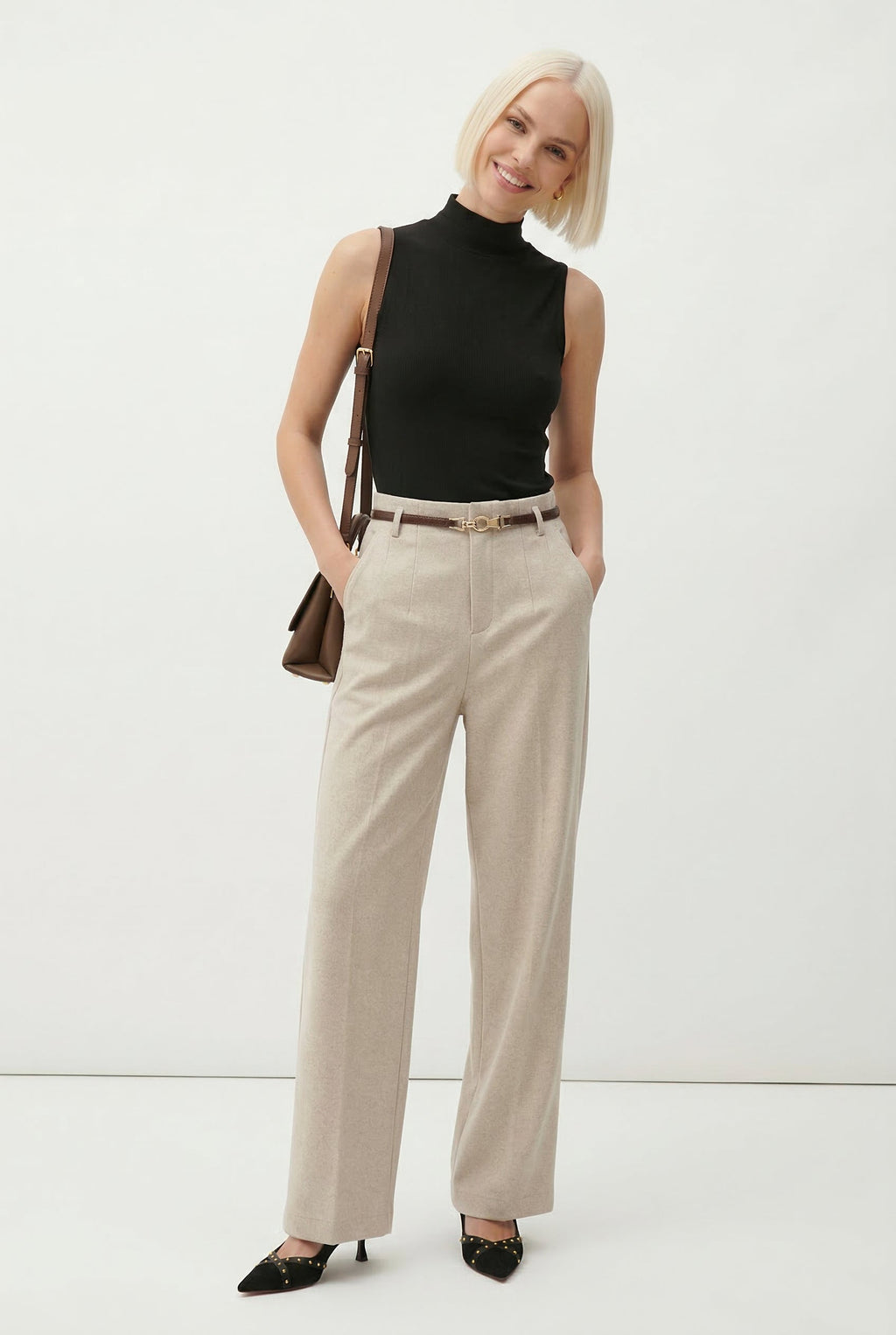 Light beige high-waisted wide-leg trousers with belt, tailored waistband details
