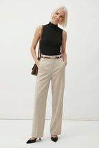 Light beige high-waisted wide-leg trousers with belt, tailored waistband details