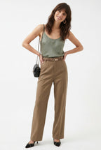 Camel high-waisted wide-leg wool trousers with belt and straight-leg fit