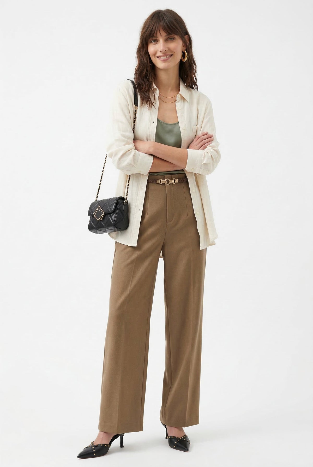 Camel high-waisted wide-leg wool blend trousers with belt, full-length view