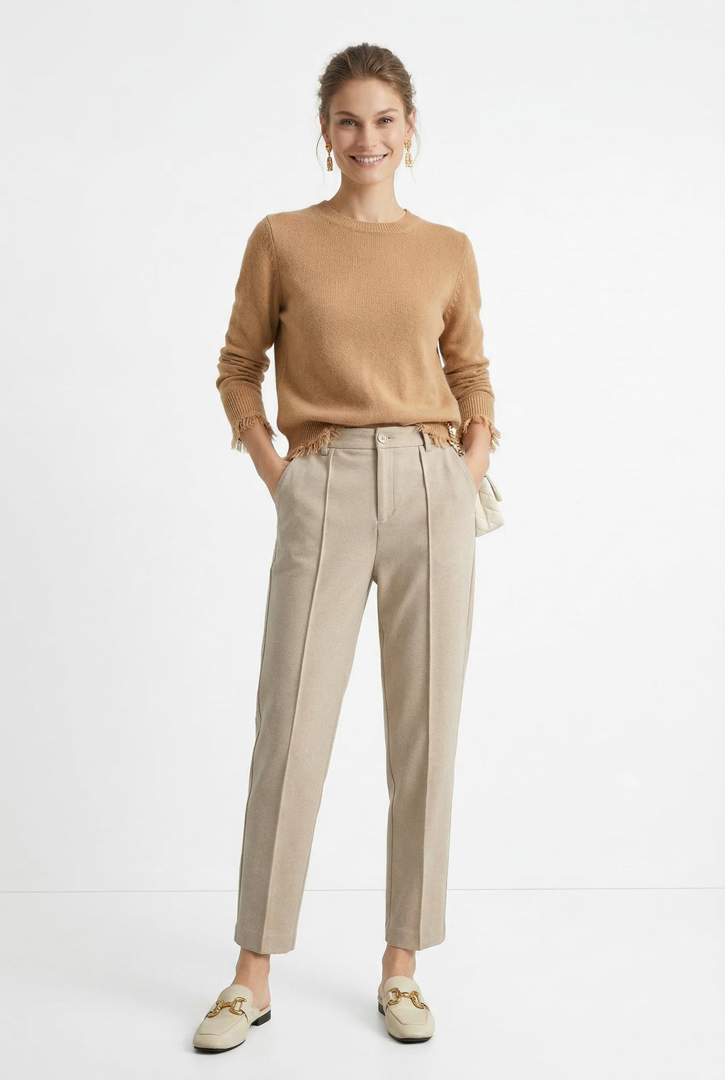 Women’s high-waisted tapered wool-blend trousers, tan/khaki with side pockets