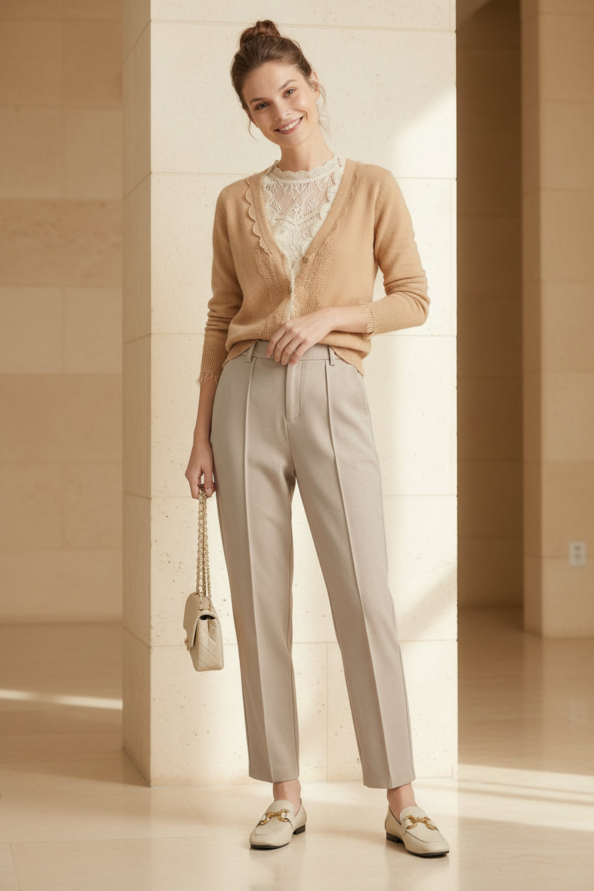 Women’s high-waisted tapered wool-blend trousers, light beige with front seam detailing