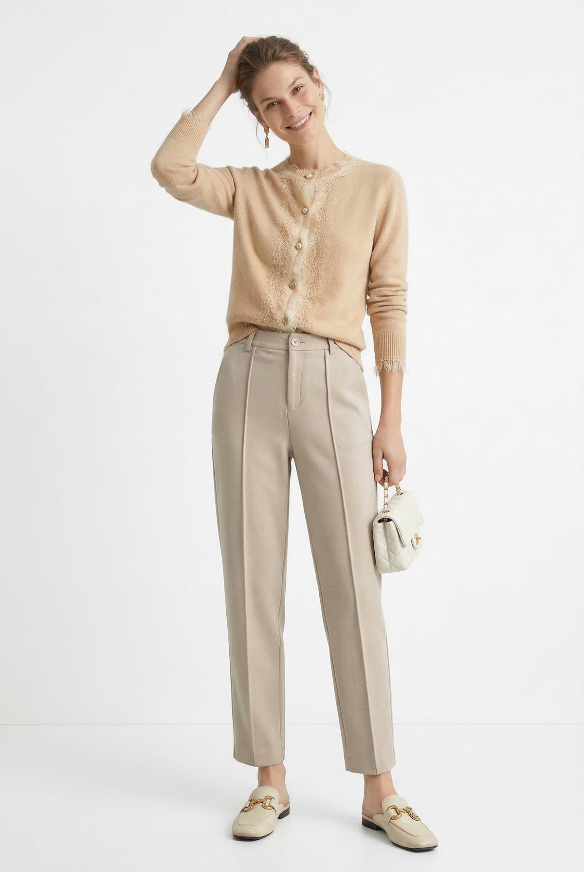 Women’s high-waisted tapered wool-blend trousers, sand beige with belt loops and pockets