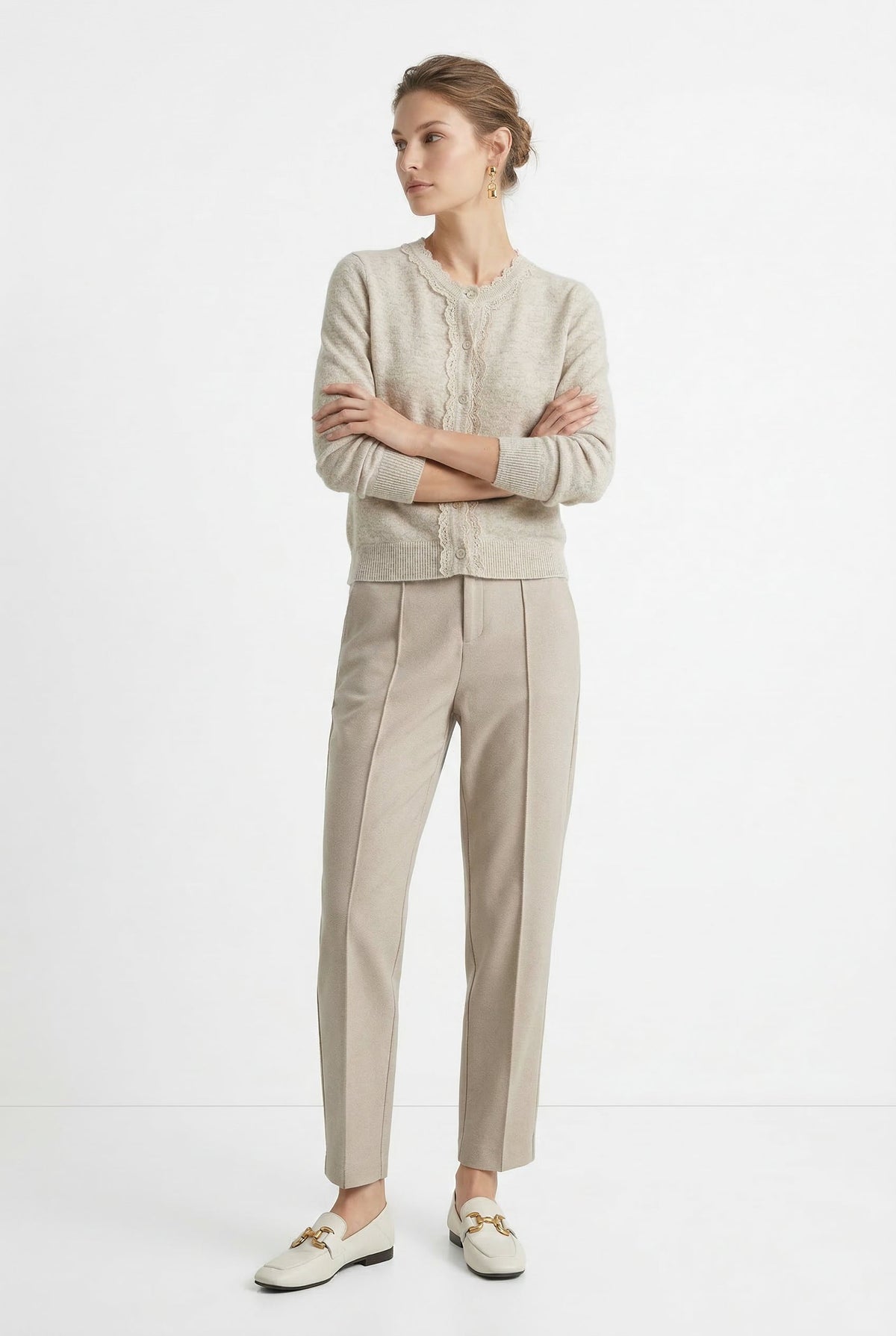 Women’s high-waisted tapered wool-blend trousers, light tan/beige with cuffed hem