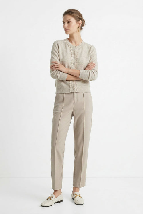 Women’s high-waisted tapered wool-blend trousers, light tan/beige with cuffed hem