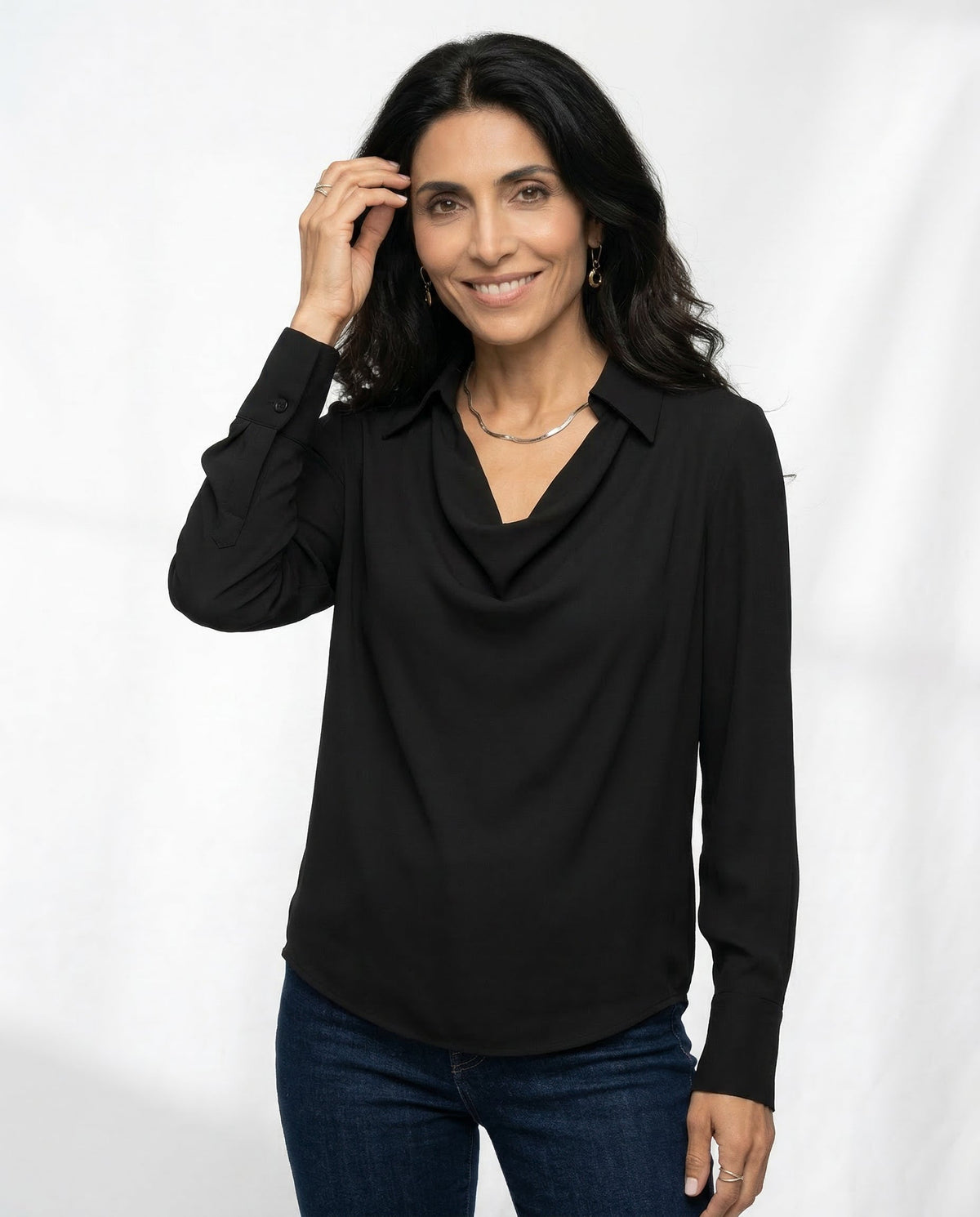 Black 100% silk full-sleeve cowl-neck shirt with pointed collar