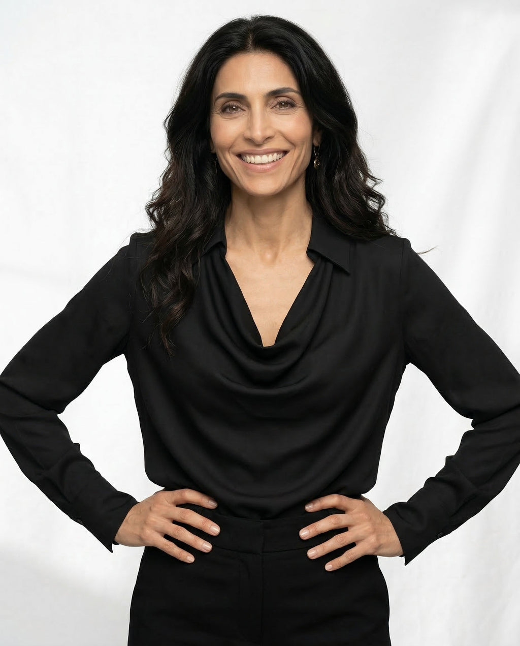 Black 100% silk full-sleeve cowl-neck shirt with drape detail