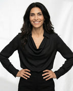 Black 100% silk full-sleeve cowl-neck shirt with drape detail
