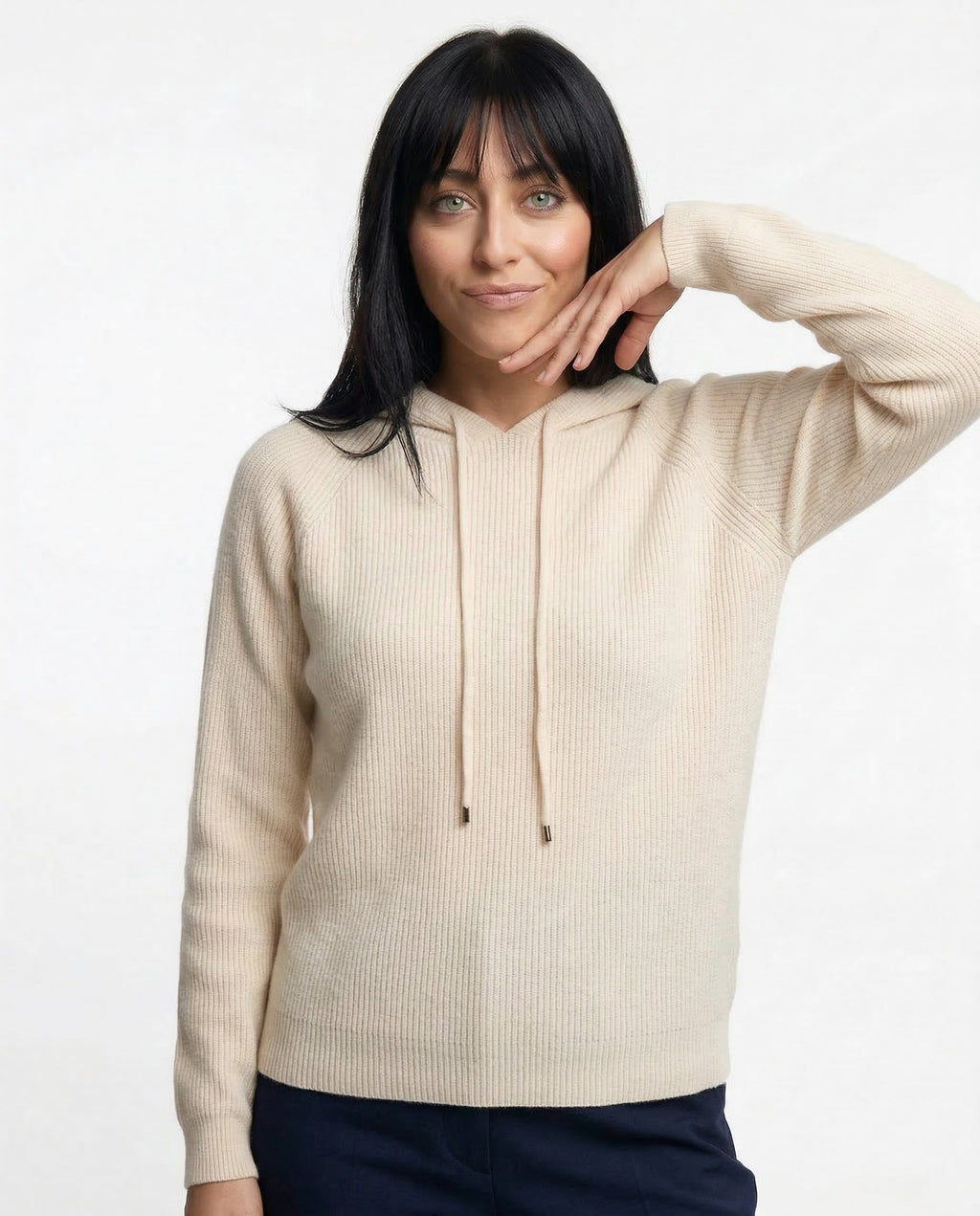 Women's knit hoodie in light beige with drawstring hood and front pocket