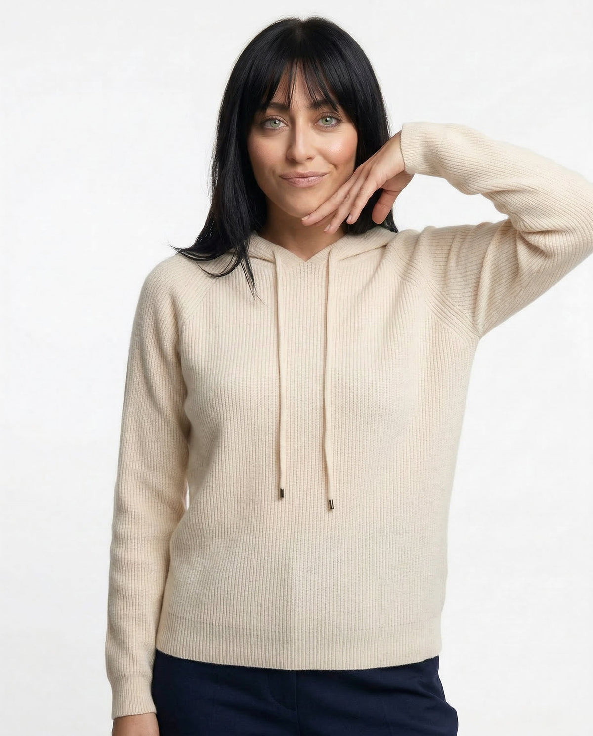 Women's knit hoodie in light beige with drawstring hood and front pocket