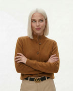 Women’s camel brown button-front cardigan sweater with ribbed collar and cuffs