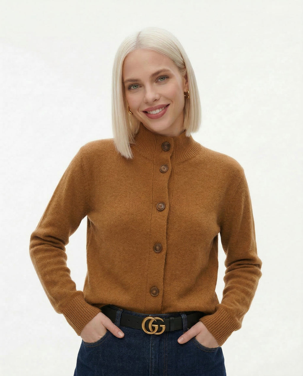 Women’s camel brown button-front cardigan sweater, long sleeves, ribbed cuffs