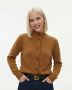 Women’s camel brown button-front cardigan sweater, long sleeves, ribbed cuffs