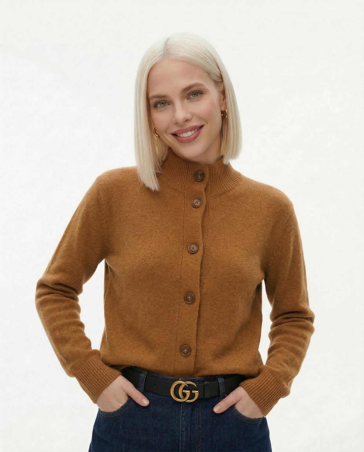 Women’s camel brown button-front cardigan sweater, long sleeves, ribbed cuffs