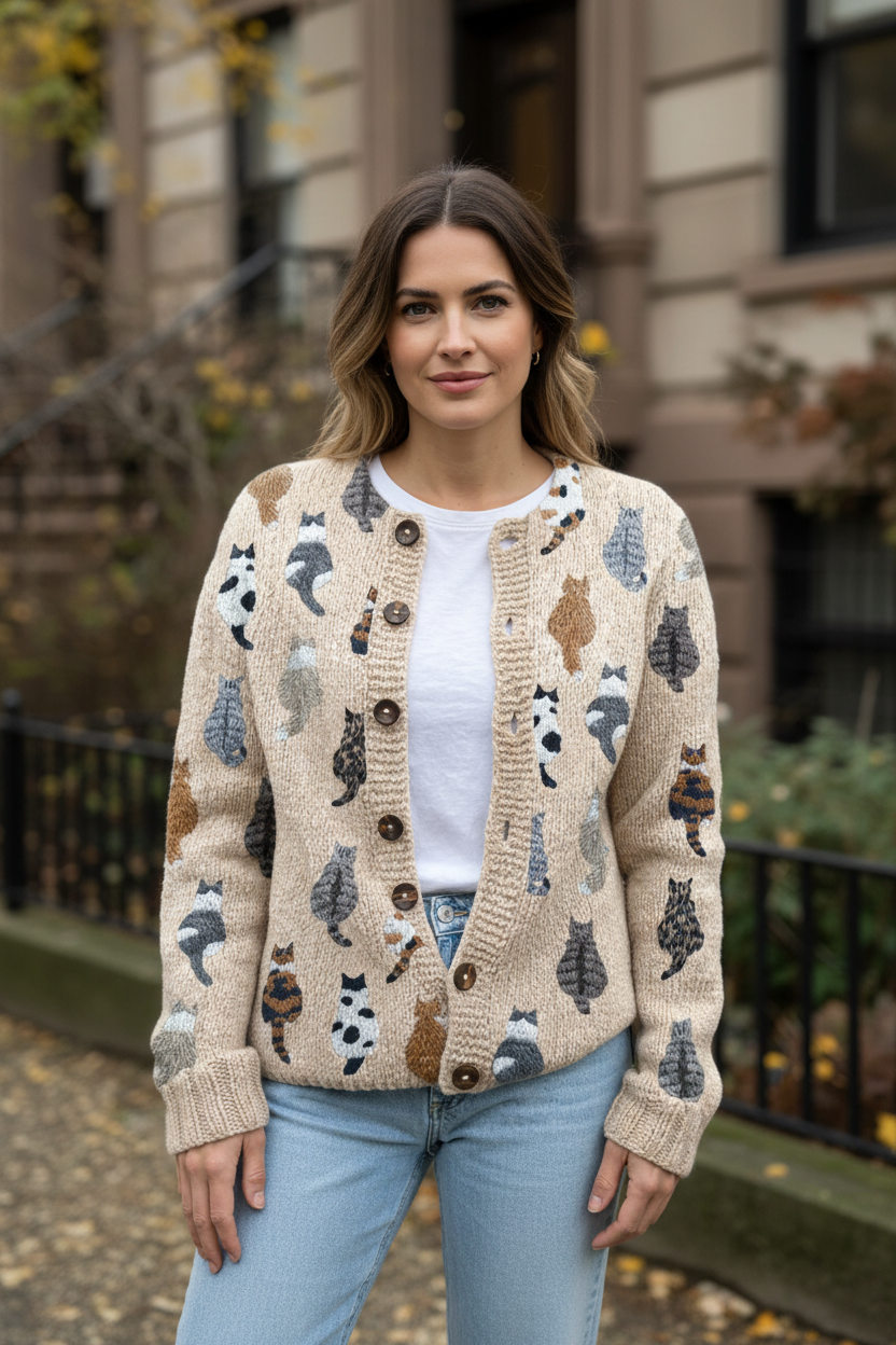 Women's cat-print button-down cardigan with crew neck, long sleeves, button front