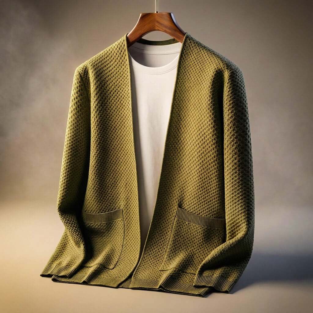 Women's honeycomb knit cardigan with pockets, olive green, open front