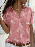 Pink short-sleeve button-down shirt with white dragonfly print