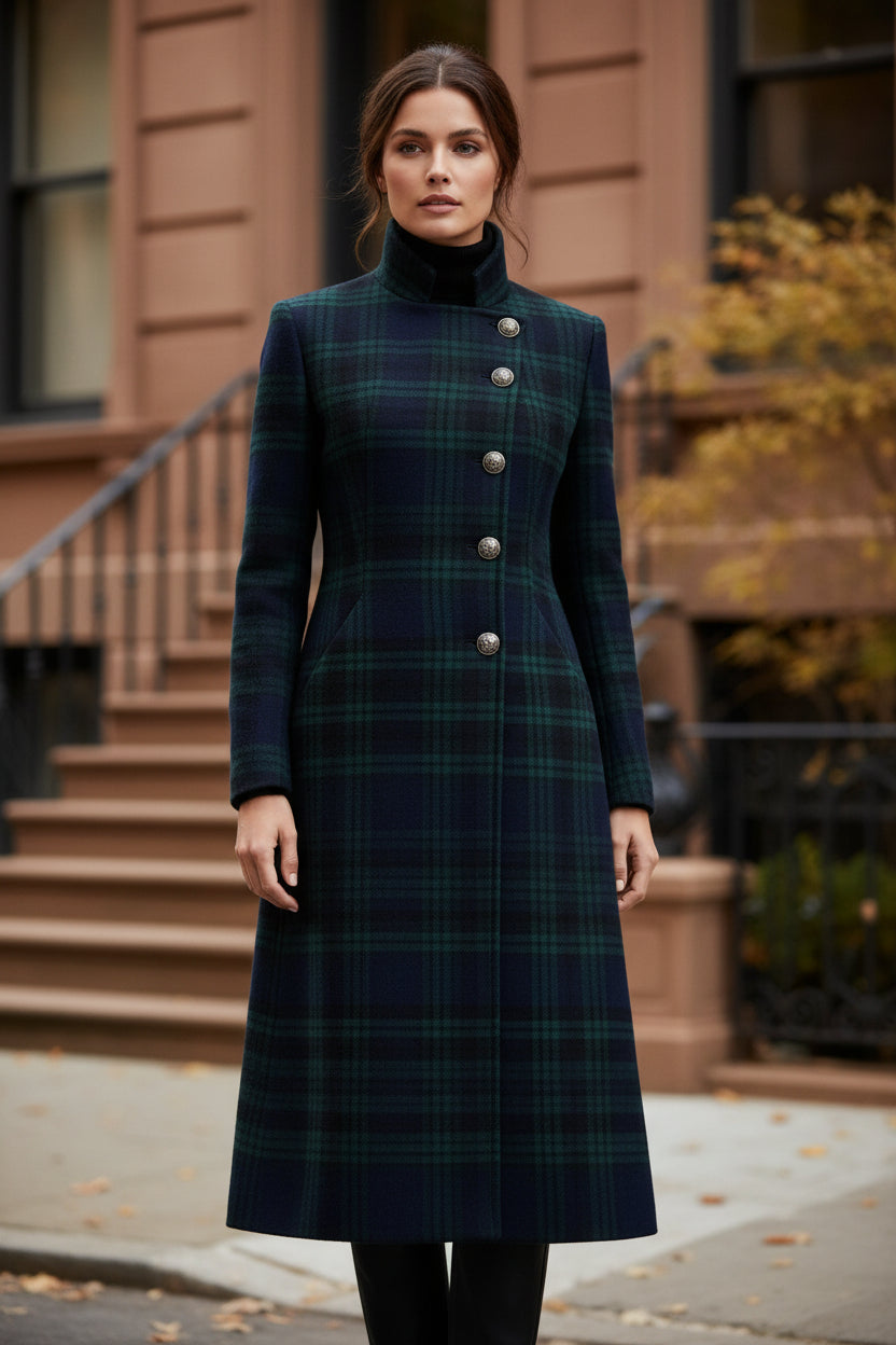 Sesi plaid long coat in dark green and black, button front, stand collar, full front view
